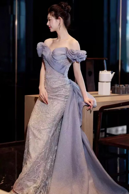 Elegant Mermaid Gray Blue Off the Shoulder Long Prom Dresses Formal Evening Party Dresses XP101068