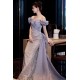 Elegant Mermaid Gray Blue Off the Shoulder Long Prom Dresses Formal Evening Party Dresses XP101068