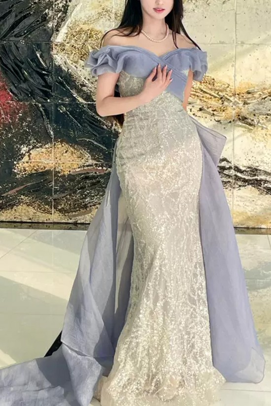 Elegant Mermaid Gray Blue Off the Shoulder Long Prom Dresses Formal Evening Party Dresses XP101068