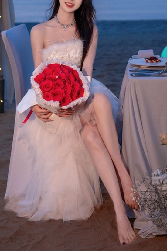 Affordable Fairy Strapless White Prom Dresses Formal Evening Party Dresses with Feather XP101072 Affordable Fairy Strapless White Prom Dresses Formal Evening Party Dresses with Feather XP101072