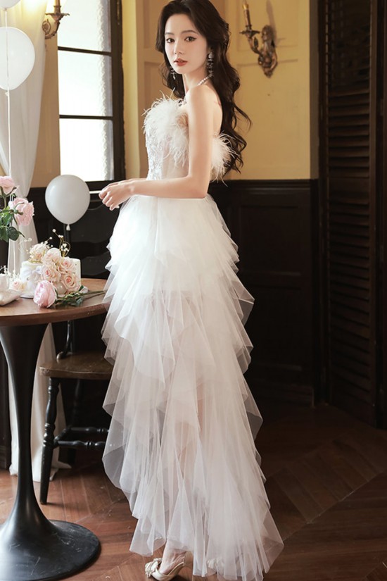Affordable Fairy Strapless White Prom Dresses Formal Evening Party Dresses with Feather XP101072 Affordable Fairy Strapless White Prom Dresses Formal Evening Party Dresses with Feather XP101072
