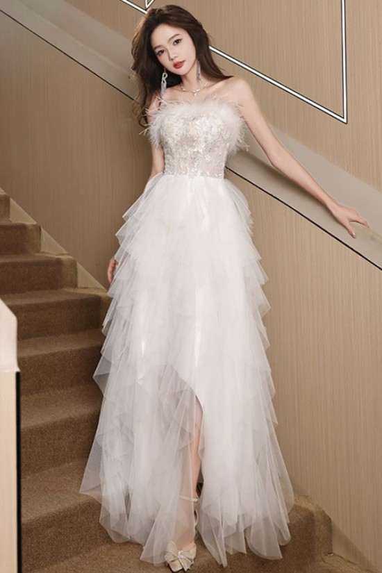 Affordable Fairy Strapless White Prom Dresses Formal Evening Party Dresses with Feather XP101072 Affordable Fairy Strapless White Prom Dresses Formal Evening Party Dresses with Feather XP101072