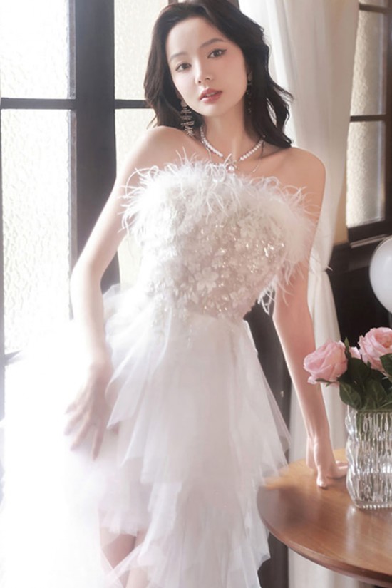 Affordable Fairy Strapless White Prom Dresses Formal Evening Party Dresses with Feather XP101072 Affordable Fairy Strapless White Prom Dresses Formal Evening Party Dresses with Feather XP101072