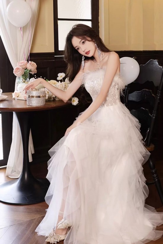 Affordable Fairy Strapless White Prom Dresses Formal Evening Party Dresses with Feather XP101072 Affordable Fairy Strapless White Prom Dresses Formal Evening Party Dresses with Feather XP101072