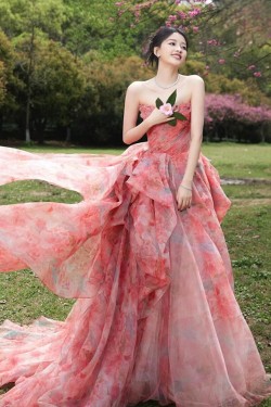 A-Line Flower Fairy Pink Ruffles Long Prom Dresses Formal Evening Party Dresses XP101073