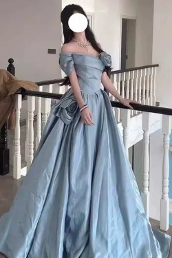 A-Line Long Blue Off the Shoulder Prom Dresses Formal Evening Party Dresses XP101074