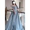 A-Line Long Blue Off the Shoulder Prom Dresses Formal Evening Party Dresses XP101074