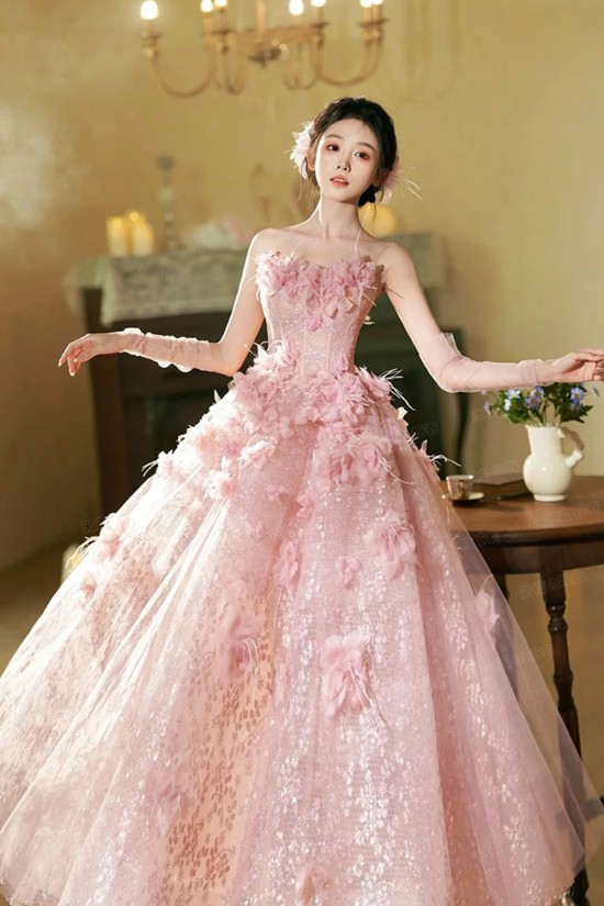 A-Line Fairy Pink Long Prom Dresses Formal Evening Party Dresses with 3D Flowers XP101082 A-Line Fairy Pink Long Prom Dresses Formal Evening Party Dresses with 3D Flowers XP101082