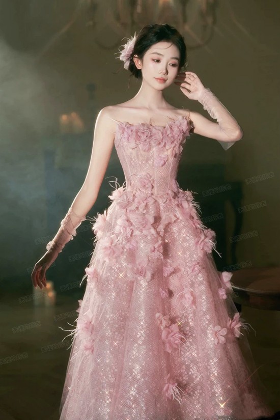 A-Line Fairy Pink Long Prom Dresses Formal Evening Party Dresses with 3D Flowers XP101082 A-Line Fairy Pink Long Prom Dresses Formal Evening Party Dresses with 3D Flowers XP101082