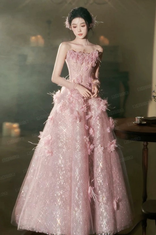 A-Line Fairy Pink Long Prom Dresses Formal Evening Party Dresses with 3D Flowers XP101082 A-Line Fairy Pink Long Prom Dresses Formal Evening Party Dresses with 3D Flowers XP101082