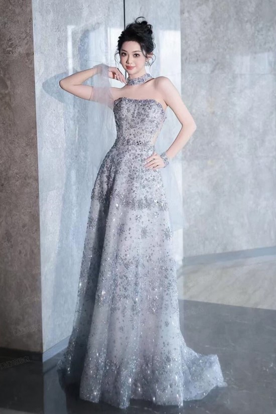 A-Line Beaded Strapless Silver Long Prom Dresses Formal Evening Party Dresses XP101083