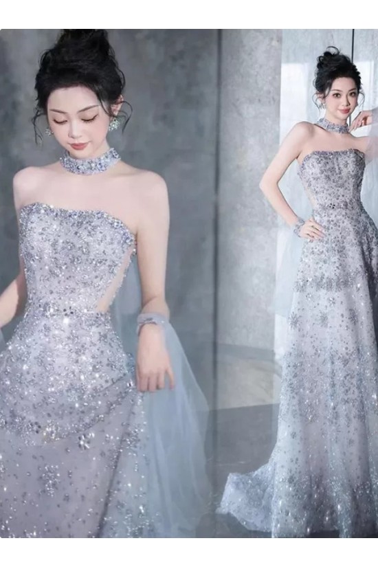 A-Line Beaded Strapless Silver Long Prom Dresses Formal Evening Party Dresses XP101083