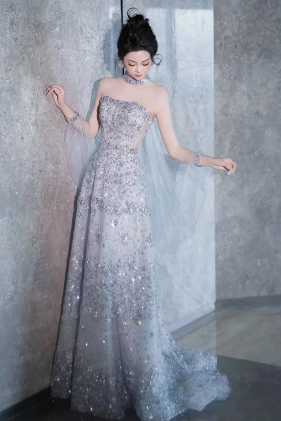 A-Line Beaded Strapless Silver Long Prom Dresses Formal Evening Party Dresses XP101083