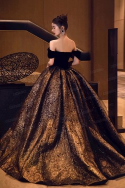 A-Line Black Gold Off the Shoulder Long Prom Dresses Formal Evening Party Dresses XP101089