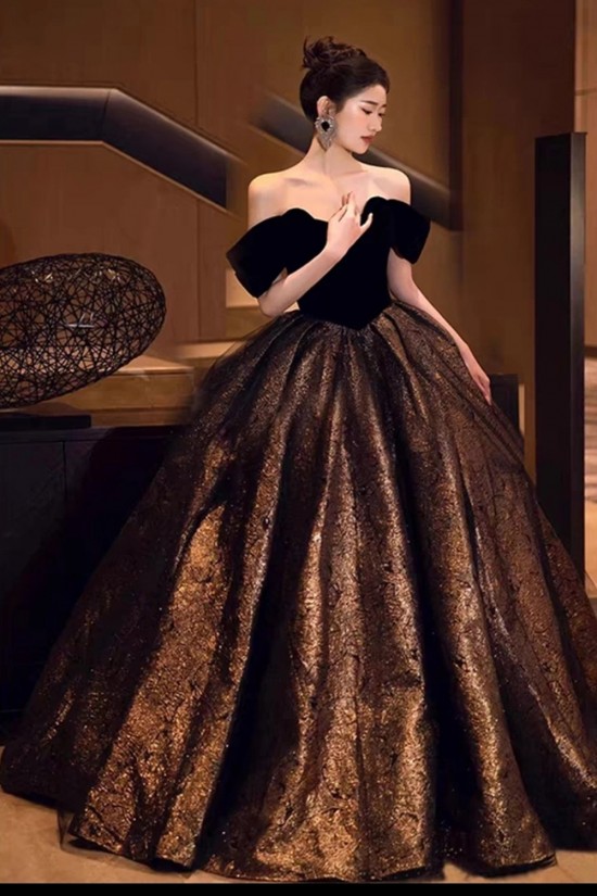 A-Line Black Gold Off the Shoulder Long Prom Dresses Formal Evening Party Dresses XP101089