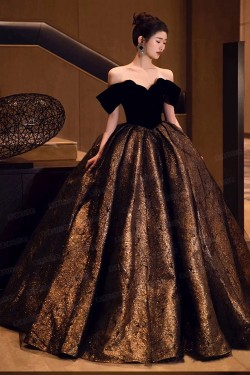 A-Line Black Gold Off the Shoulder Long Prom Dresses Formal Evening Party Dresses XP101089