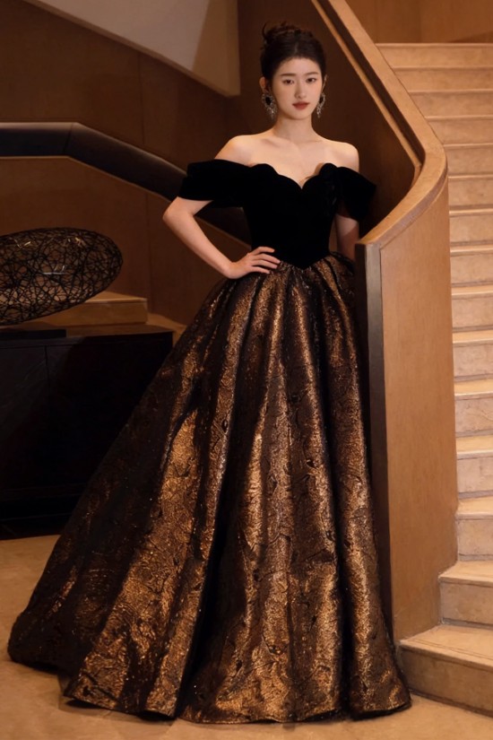 A-Line Black Gold Off the Shoulder Long Prom Dresses Formal Evening Party Dresses XP101089