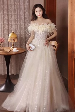 A-Line Champagne Sequins Tulle Prom Dresses Formal Evening Party Dresses with 3D Flowers XP101091