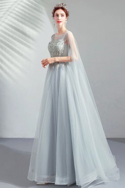 Elegant A-Line Embroidered Light Gray Tulle Prom Dresses Formal Evening Party Dresses XP101092 Elegant A-Line Embroidered Light Gray Tulle Prom Dresses Formal Evening Party Dresses XP101092