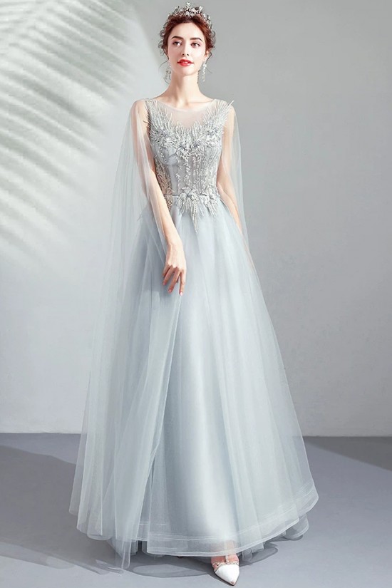 Elegant A-Line Embroidered Light Gray Tulle Prom Dresses Formal Evening Party Dresses XP101092 Elegant A-Line Embroidered Light Gray Tulle Prom Dresses Formal Evening Party Dresses XP101092