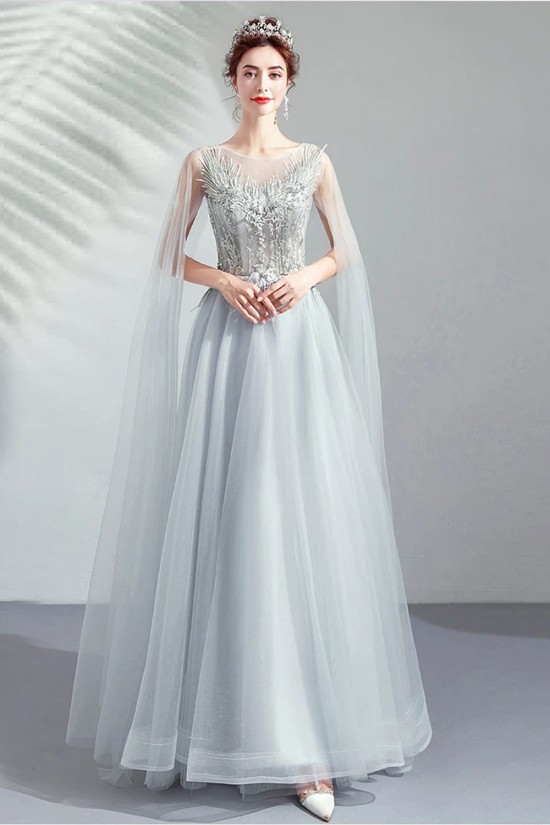 Elegant A-Line Embroidered Light Gray Tulle Prom Dresses Formal Evening Party Dresses XP101092 Elegant A-Line Embroidered Light Gray Tulle Prom Dresses Formal Evening Party Dresses XP101092