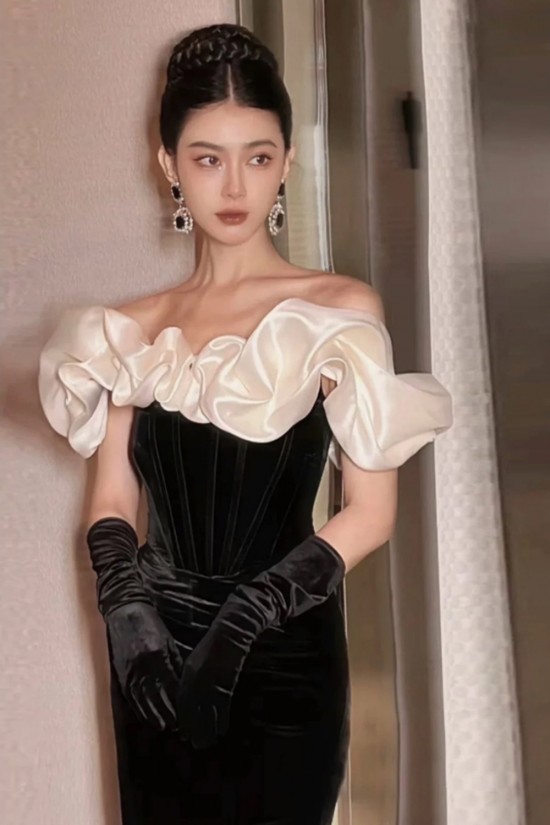 Elegant Mermaid Long Black Velvet Prom Dresses Formal Evening Party Dresses XP101093