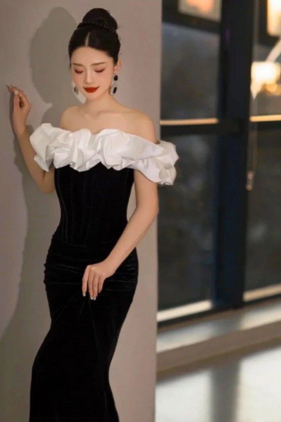 Elegant Mermaid Long Black Velvet Prom Dresses Formal Evening Party Dresses XP101093