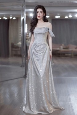 Long Silver Off the Shoulder Sparkle Prom Dresses Formal Evening Party Dresses XP101094