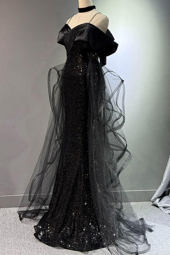 Elegant Long Black Mermaid Sequins and Tulle Prom Dresses Formal Evening Party Dresses XP101097