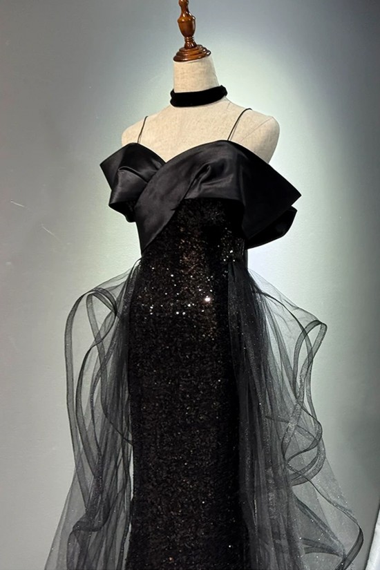 Elegant Long Black Mermaid Sequins and Tulle Prom Dresses Formal Evening Party Dresses XP101097