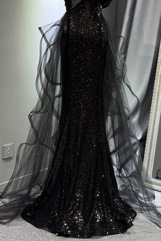 Elegant Long Black Mermaid Sequins and Tulle Prom Dresses Formal Evening Party Dresses XP101097