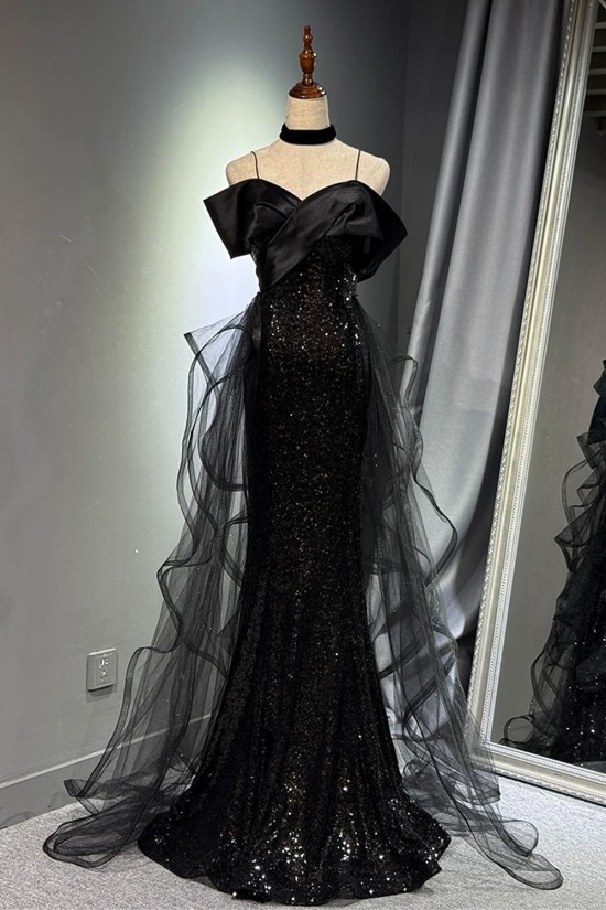 Elegant Long Black Mermaid Sequins and Tulle Prom Dresses Formal Evening Party Dresses XP101097