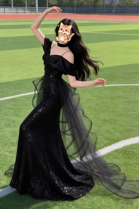 Elegant Long Black Mermaid Sequins and Tulle Prom Dresses Formal Evening Party Dresses XP101097