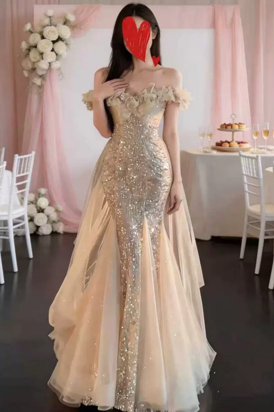 Elegant Long Champagne Mermaid Sequins and Tulle Off the Shoulder Prom Dresses Formal Evening Party Dresses XP101098 Elegant Long Champagne Mermaid Sequins and Tulle Off the Shoulder Prom Dresses Formal Evening Party Dresses XP101098