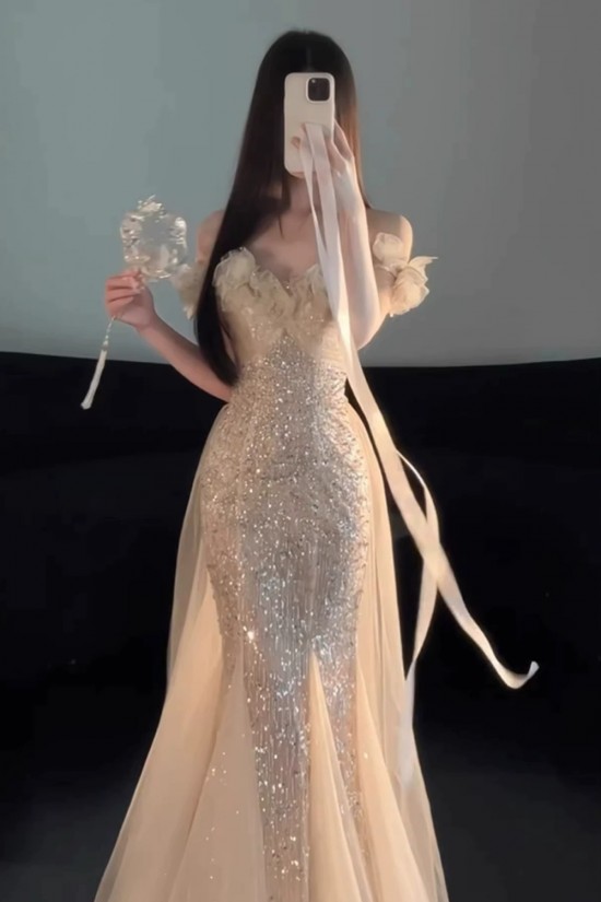 Elegant Long Champagne Mermaid Sequins and Tulle Off the Shoulder Prom Dresses Formal Evening Party Dresses XP101098 Elegant Long Champagne Mermaid Sequins and Tulle Off the Shoulder Prom Dresses Formal Evening Party Dresses XP101098