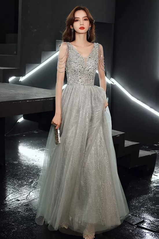A-Line Beaded Sequins and Tulle Long Silver Prom Dresses Formal Evening Party Dresses XP101101