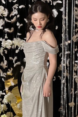 Long Silver Off the Shoulder Sparkle Prom Dresses Formal Evening Party Dresses XP101102