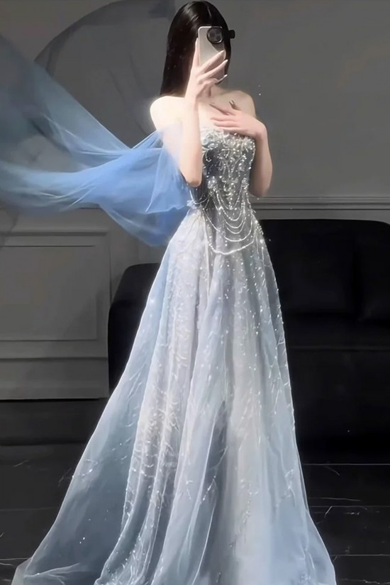 A-Line Beaded Light Blue Prom Dresses Formal Evening Party Dresses XP101107
