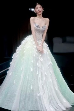 Fairy Light Green Beaded Tulle Long Prom Dresses Formal Evening Party Dresses XP101108