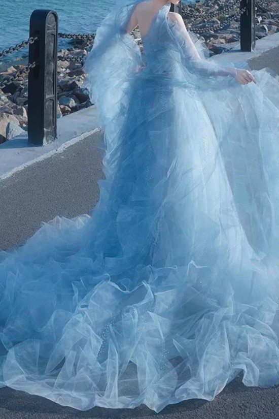 Affordable Long Light Blue Fairy Tulle Prom Dresses Formal Evening Party Dresses XP101115