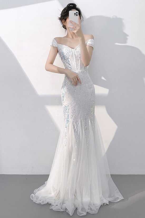 Elegant Mermaid Off the Shoulder Sequins Long Prom Dresses Formal Evening Party Dresses XP101118