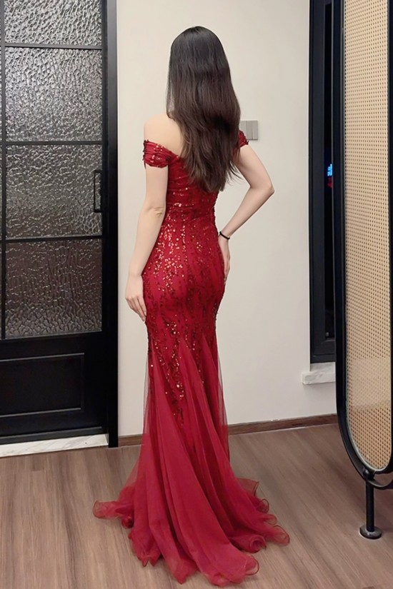 Elegant Mermaid Off the Shoulder Sequins Long Prom Dresses Formal Evening Party Dresses XP101118