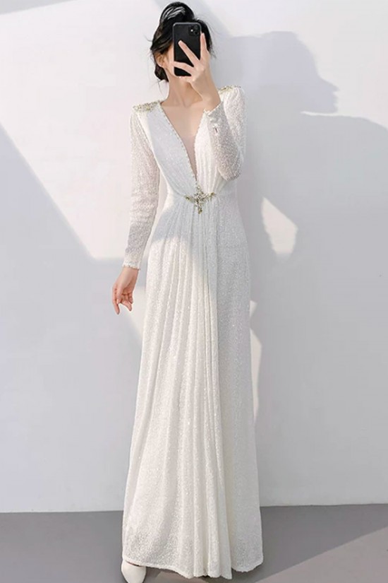Elegant Long Sleeves Sequins V Neck Long Prom Dresses Formal Evening Party Dresses XP101119